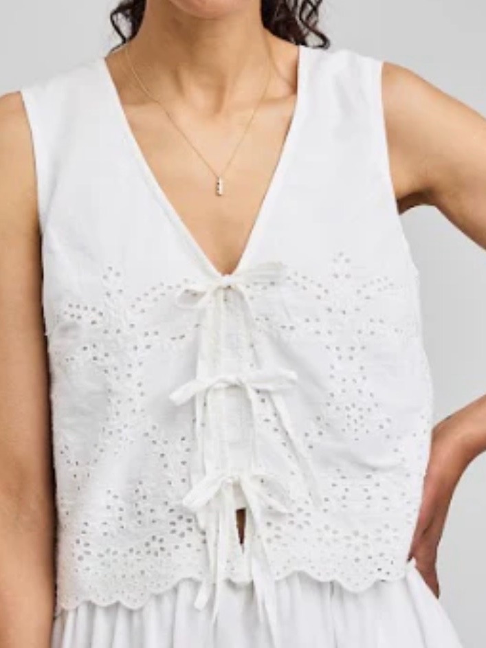 Eyelet Tie-Front White Sleeveless Top